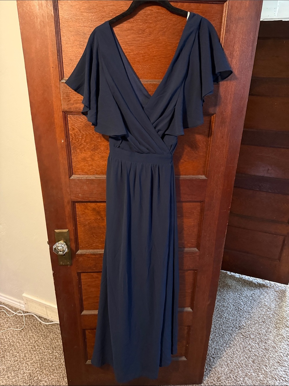Navy Flutter Sleeve V-Neck Maxi Dress